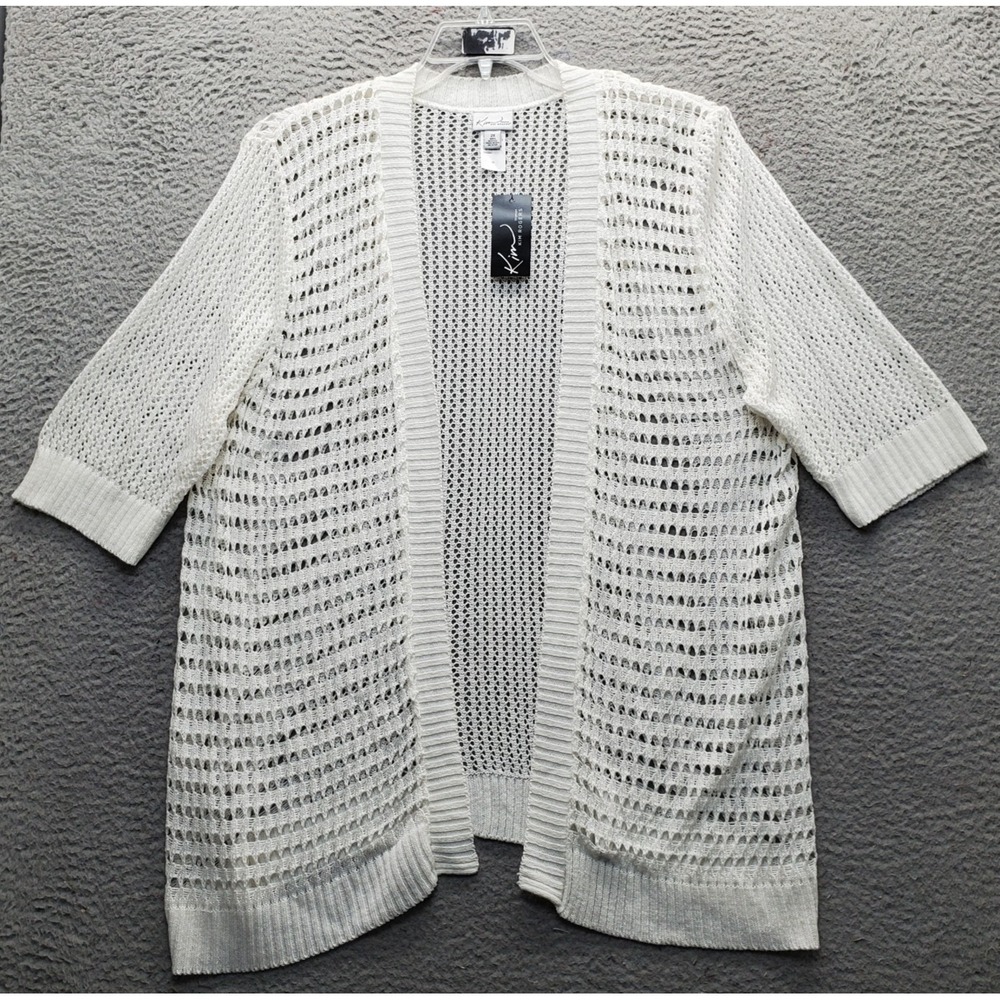Kim Rogers Cardigan Sweater Womens 2X White Crochet Knit Ribbed Hem Open Front